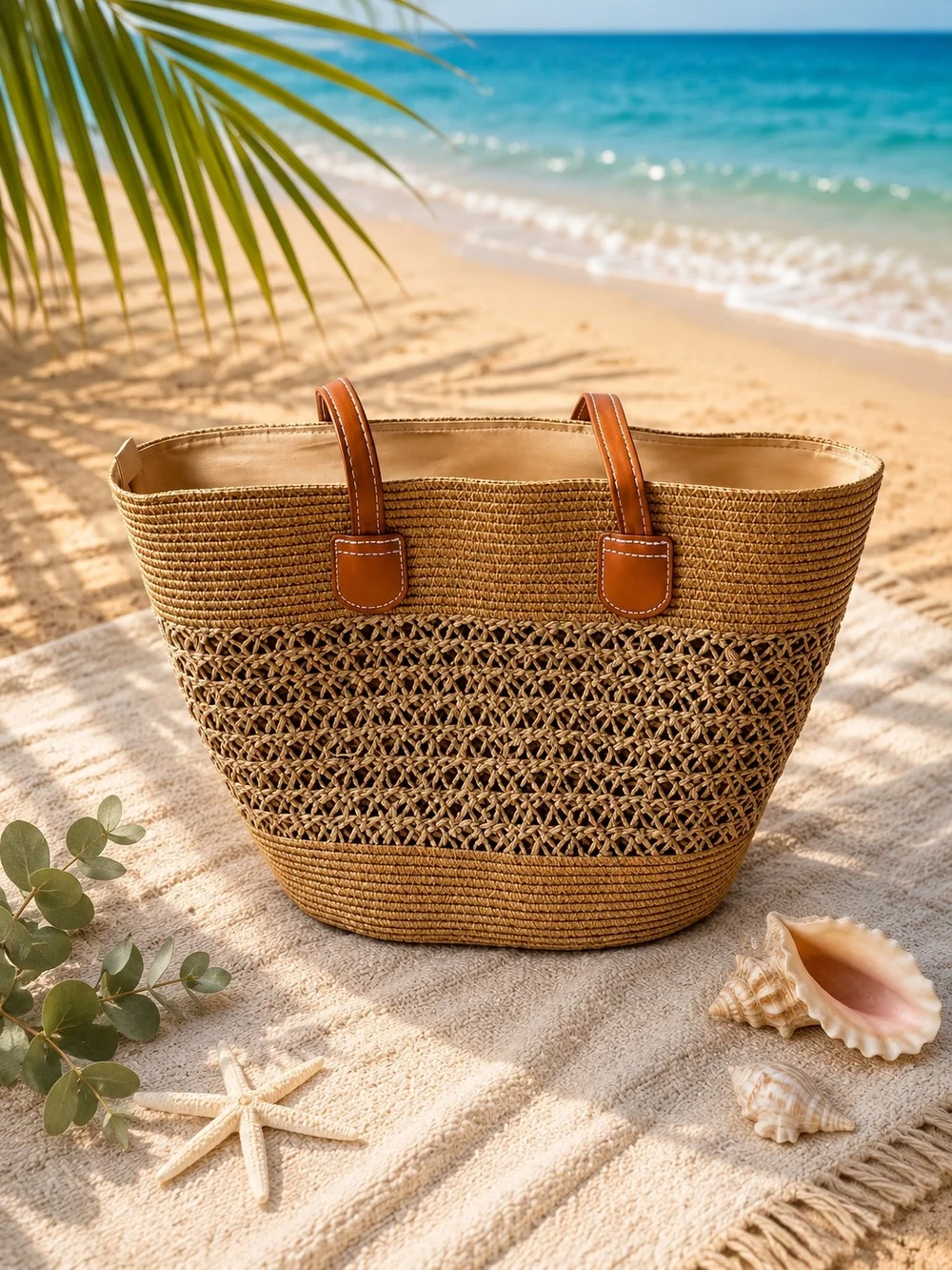 2- Set Straw Beach Tote Bag & Hat with Leather Handles - Natural Brown